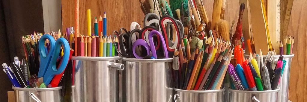 wide range of art supplies that are commonly found in an art room
