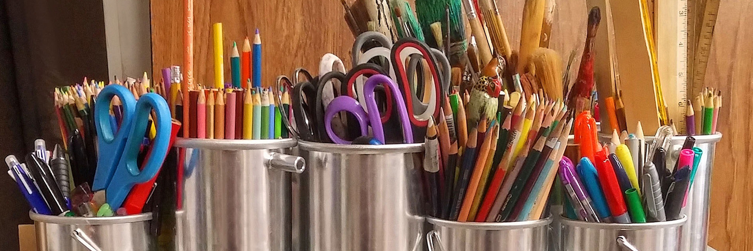 wide range of art supplies that are commonly found in an art room