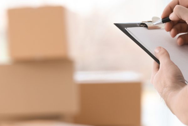 man holding a clipboard checking things off with boxes in the background stacked neatly