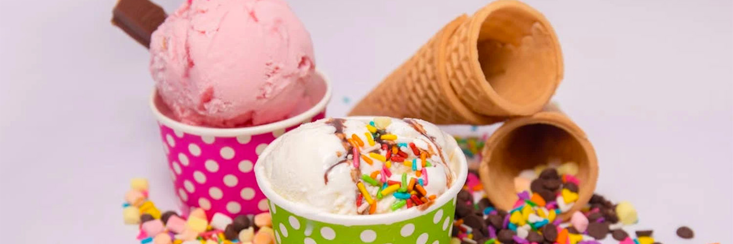 Variety of ice creams with toppings