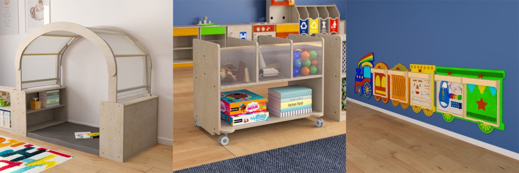 bright beginnings reading nook, shelf storage and activity wall