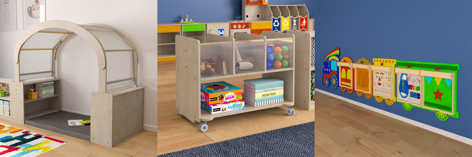 bright beginnings reading nook, shelf storage and activity wall