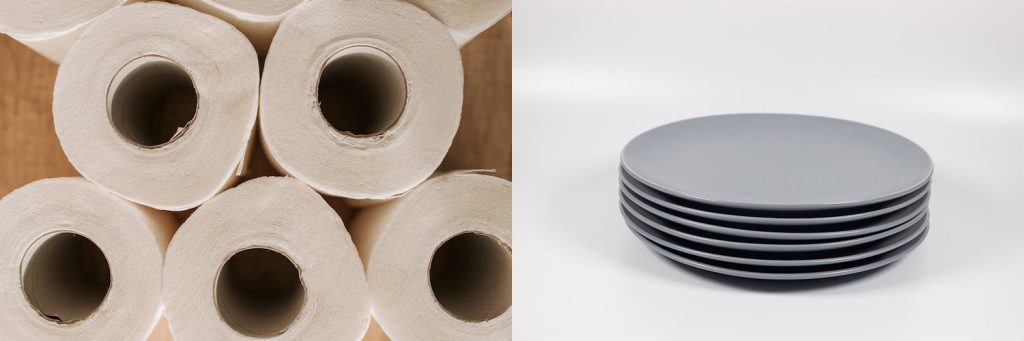 Paper towels on left plates on right side of image