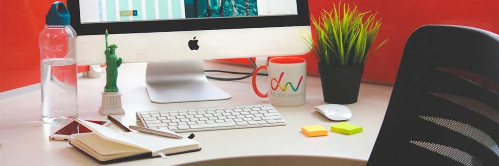 office set up with water bottle