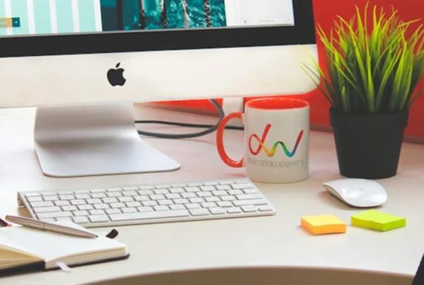 office set up with water bottle