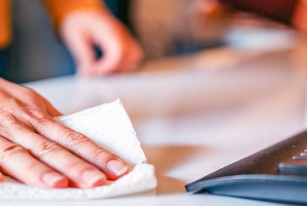 person wiping off computer with wipe
